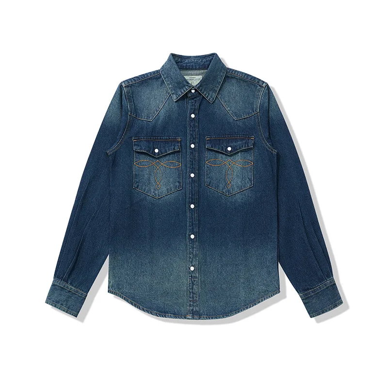 OKONKWO Men's American Retro Heavyweight Classic Pocket Floral Washed Denim Shirt Original Fit Casual Wear