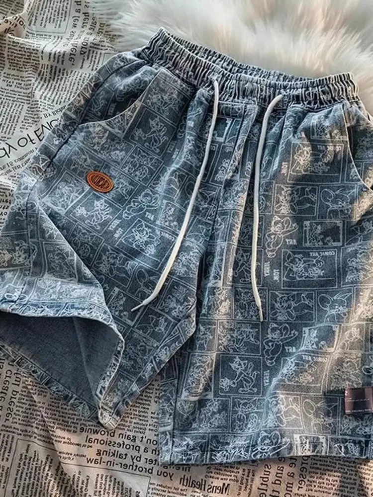 

Мужские летние джинсы-шорты в американском уличном стиле, свободные, повседневные, тонкие, прямого кроя, с принтом, длиной до колена