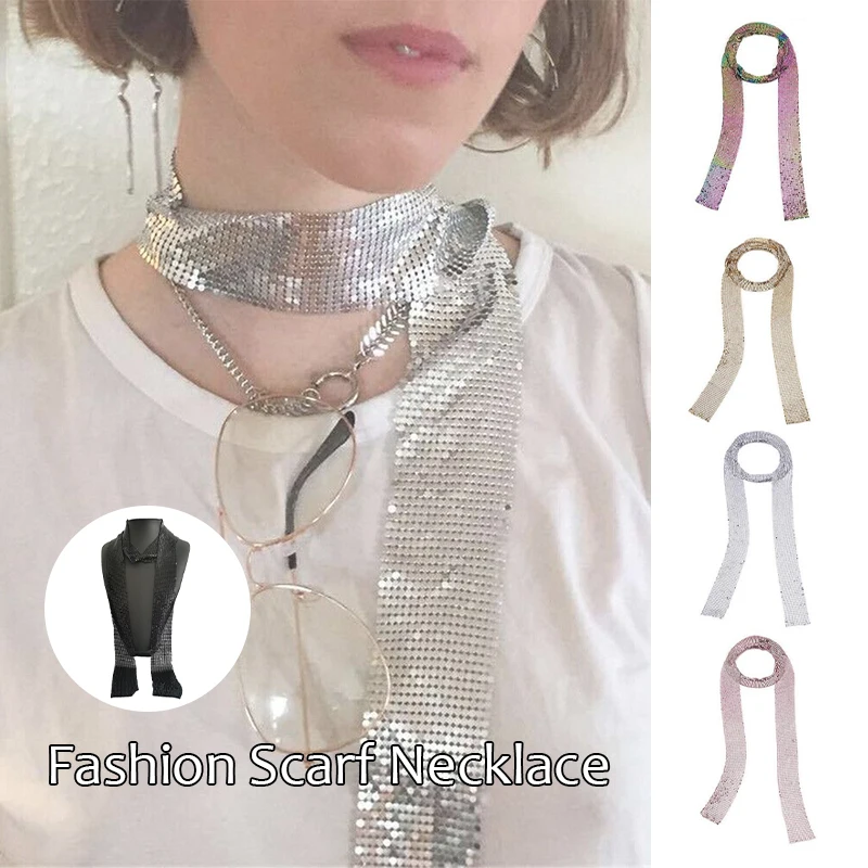 Fashionable Sequin Scarf Necklace Women's Personality Simple Accessories Long Neck Stitching Alloy Collar Clothing Matching