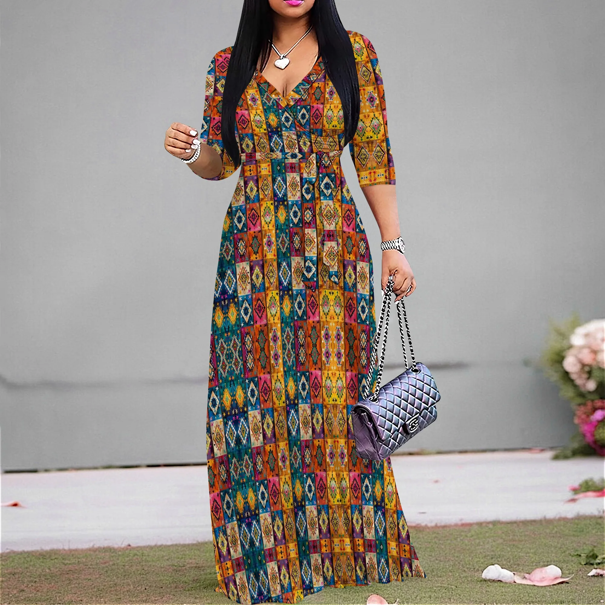 

Boho Geometric Graphics Dresses for Women V Neck Maxi Dress Flowy 3/4 Sleeve with Belt