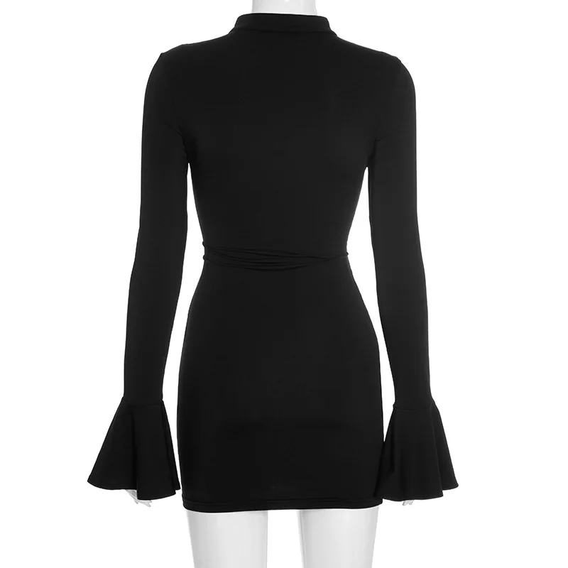 2026 Neu eingetroffen: Sexy figurbetontes Kleid mit Ausschnitt am Kragen, langen ausgestellten Ärmeln und schmaler Bleistift-Mini-Silhouette – perfekt für Club, Party und besondere Anlässe – Detail 9