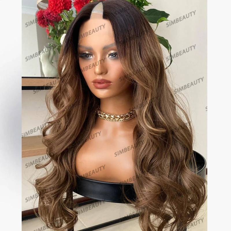 

Ombre Dark Roots Golden Brown Body Wave Human Hair Wigs for Black Women Glueless Long Copper Brown Wavy 1x4 Middle V Part Wigs