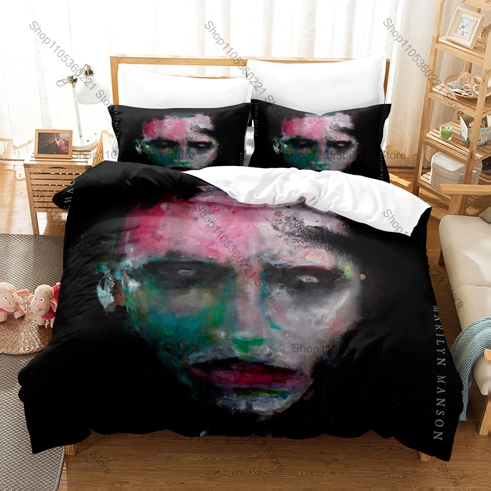Marilyn Manson Gothic Rock Printed Bedding Set 3 Pieces Duvet Cover Set for Music Fans Heavy Metal Theme Bedding Set