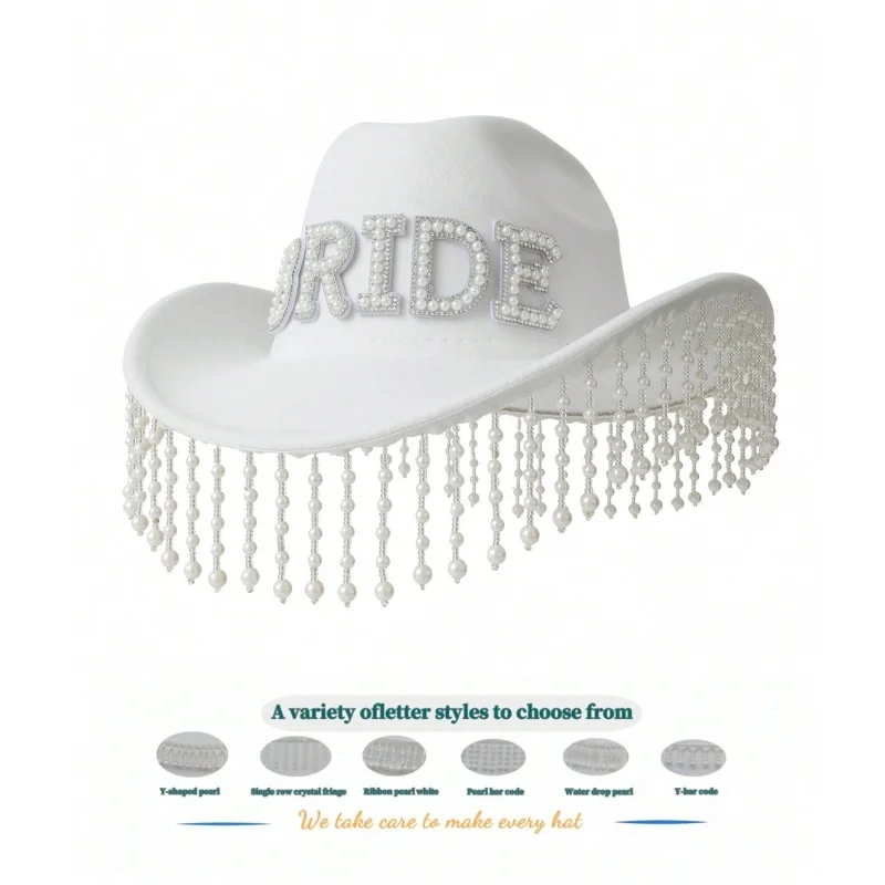 Imitation pearl fringe cowboy hat Sparkle bride wedding hat White role play jazz top hat stage show Mardi Gras lady