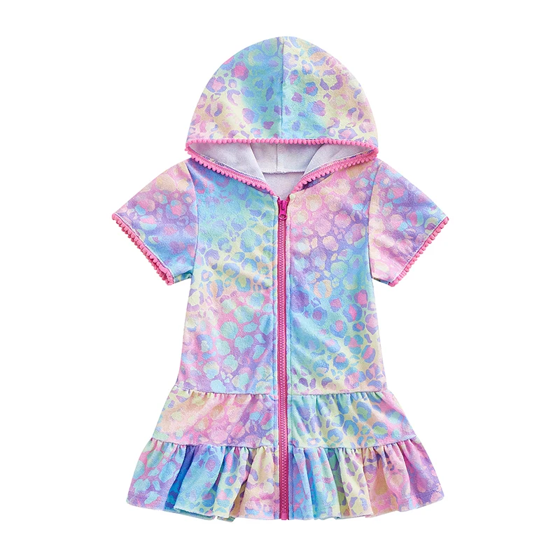 Kids Girls Summer Swimwear Dress Cover Up Short Sleeve Leopard Print Zipper Hooded Dresses Beachwear Holidays Clothes