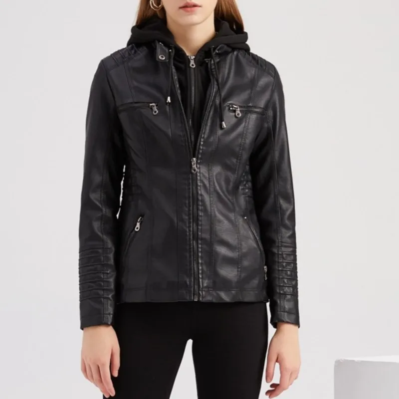 Women's Hooded Drawstring Detachable Hat Leather Jacket Spring Autumn Fashion Casual Zipper Long Sleeve Pocket Slim Street Coats