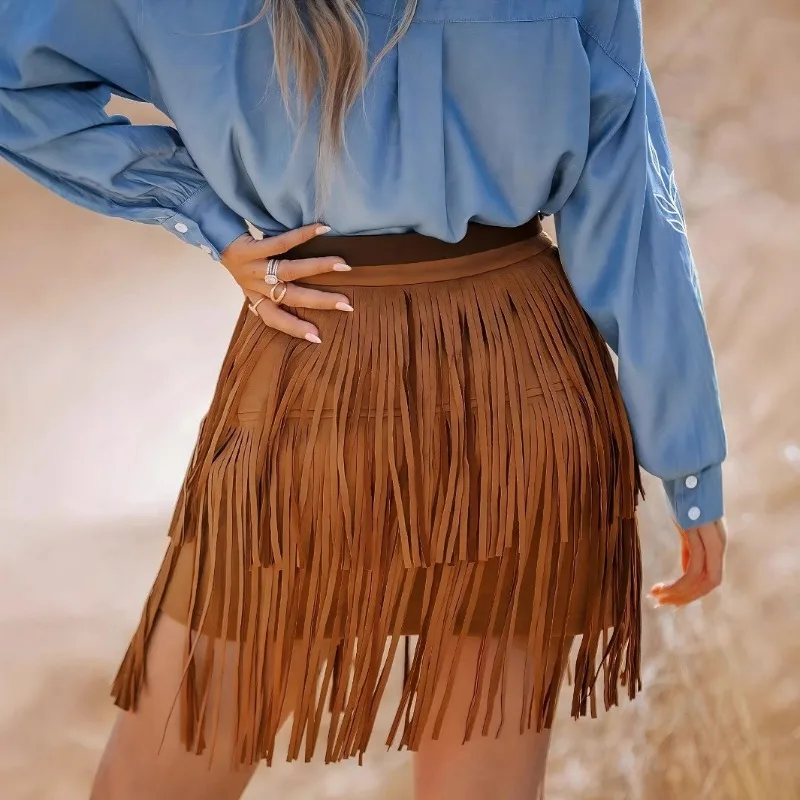 Women Tassel Skirt Western Vintage Elastic Waist Fringe Skirt Mini Cowgirl Skirts Spring Fall Daily Party Layered Ruffle Skirt