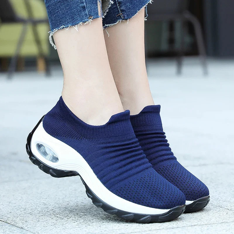 Damen-Walking-Trainer, modische Fly-Weave-Socken-Sneaker, atmungsaktive, bequeme Pflegeschuhe, lässige Plateau-Loafer, rutschfest – Detail 11