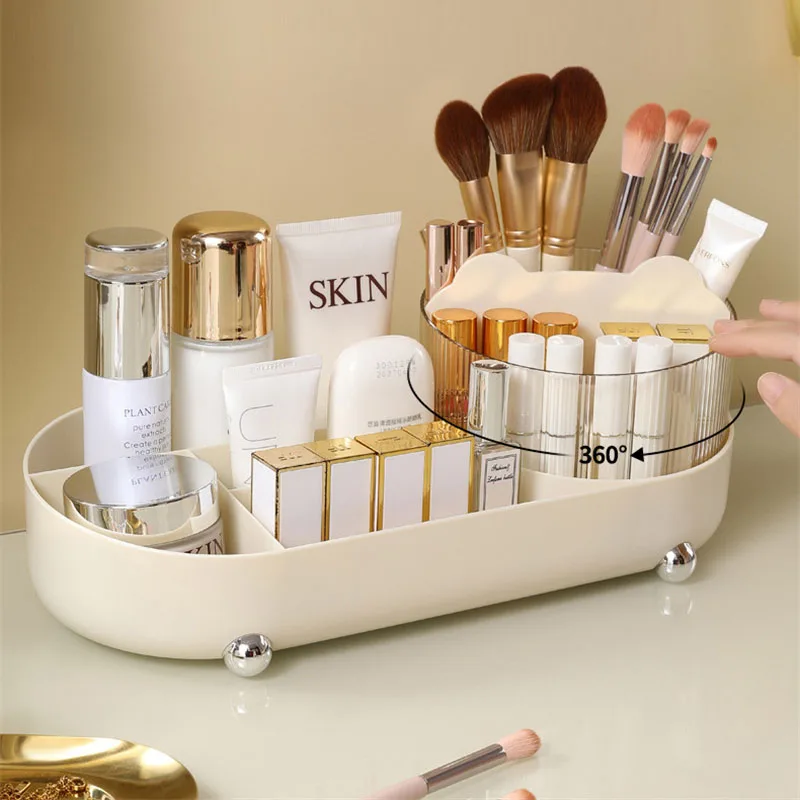 Large Capacity Makeup Organizer with 360° Rotating Makeup Brush Holder Desktop Comestic Tools Perfume Skincare Storage Organizer