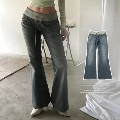 Low Waist Slim Fit Flared Jeans Sexy Butt Enhancing Ribbed Denim Casual Style Standard Size Four Seasons Cotton Non-Fleece