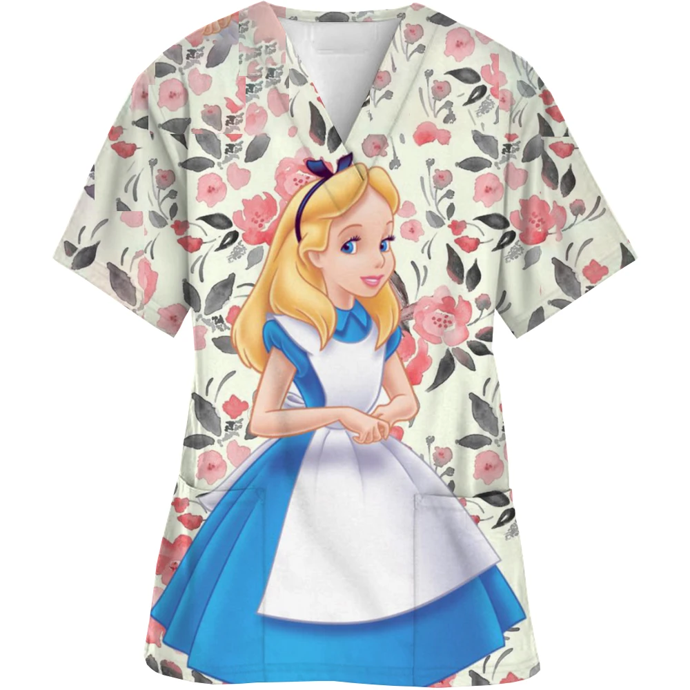 Disney Princess print Scrubs Top Women Pockets V-Neck Scrub Uniforms Pet Grooming Nurse Spa Caring Shirt uniformes de enfermería