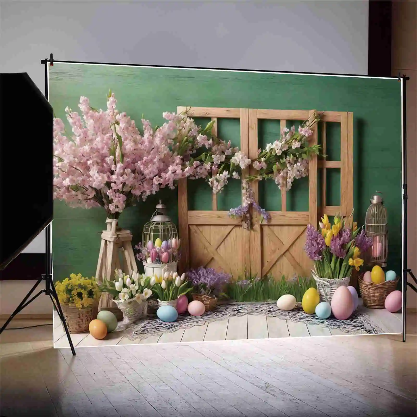 MOON.QG Green Pink Blossom Colourful Wood Door Flowers Blanket Painted Eggs Easter Background Decoration Backdrop Children