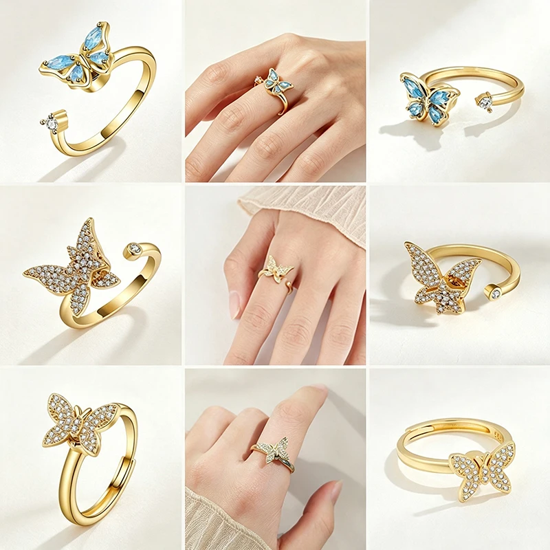 Spinning Anti Stress Blue Crystal Butterfly Ring Anxiety Fidget Adjustable Jewelry Girls Student Animal Rings Gifts Accessories