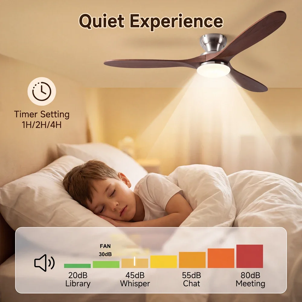 42/52/60 Inch Low Floor Ceiling Fan 3 Wooden Blade DC Motor Electric Fan with Remote Control for Living Room Dining Room Bedroom