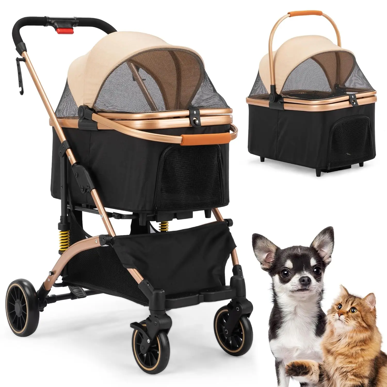 

4-Wheel Premium 3-in-1 Foldable Pet Stroller for Small Medium Dogs With Detachable Carrier, Jogging Cat Travel, Black + Gold