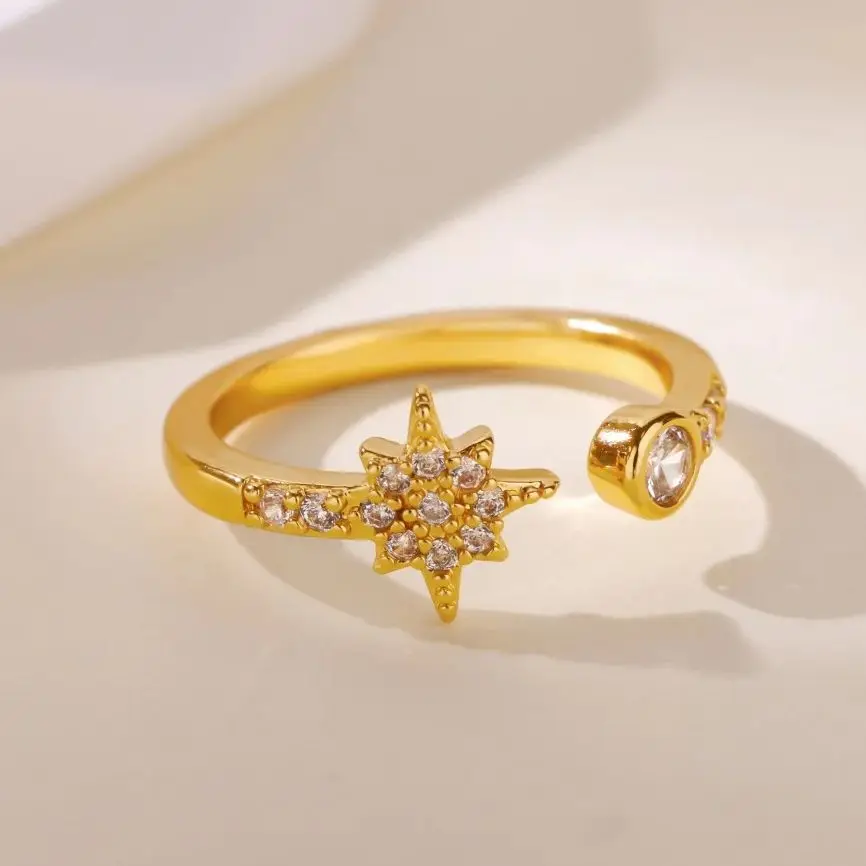 لذيذ الزركون نجوم والقمر خواتم للنساء الفولاذ المقاوم للصدأ الذهب اللون هندسية نجوم خاتم مجوهرات الزفاف الجمالية