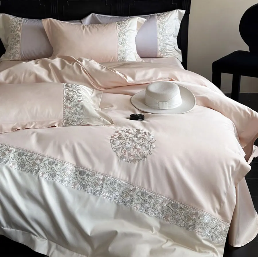 Elegant romantic embroidery flower pink purple bedding set,full queen king cotton home textile bed sheet pillow case duvet cover