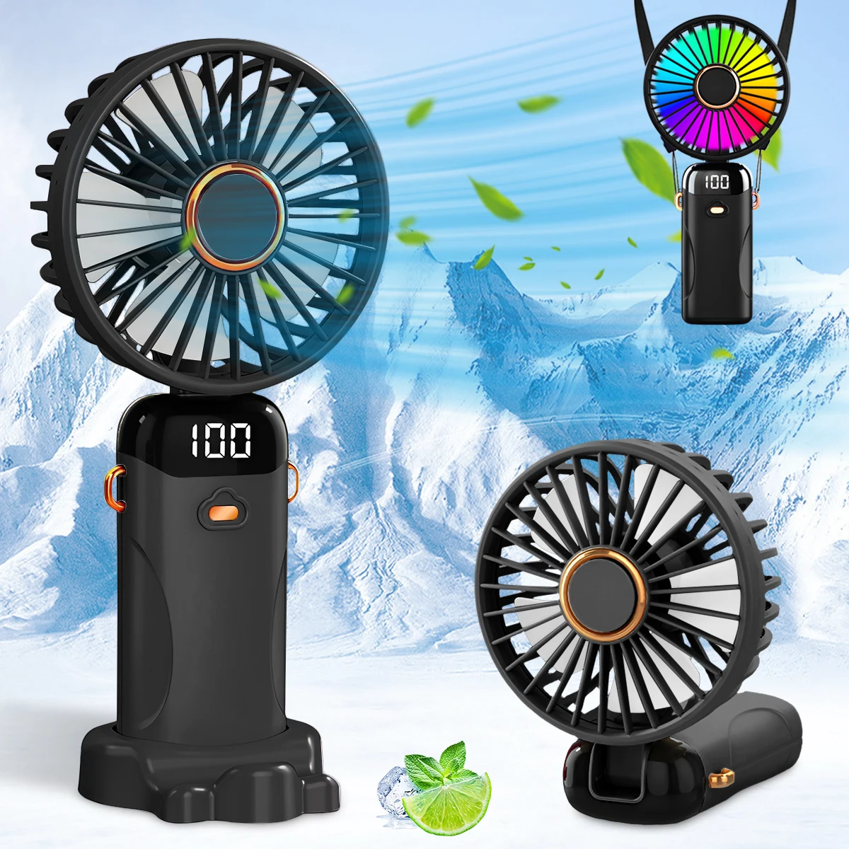 USB-Aufladbarer Handventilator 1200mAh 6 Geschwindigkeiten Faltbarer LED-Licht-Ventilator Tragbarer Mini-Lüfter Persönlicher Kühler für Zuhause Geschenk