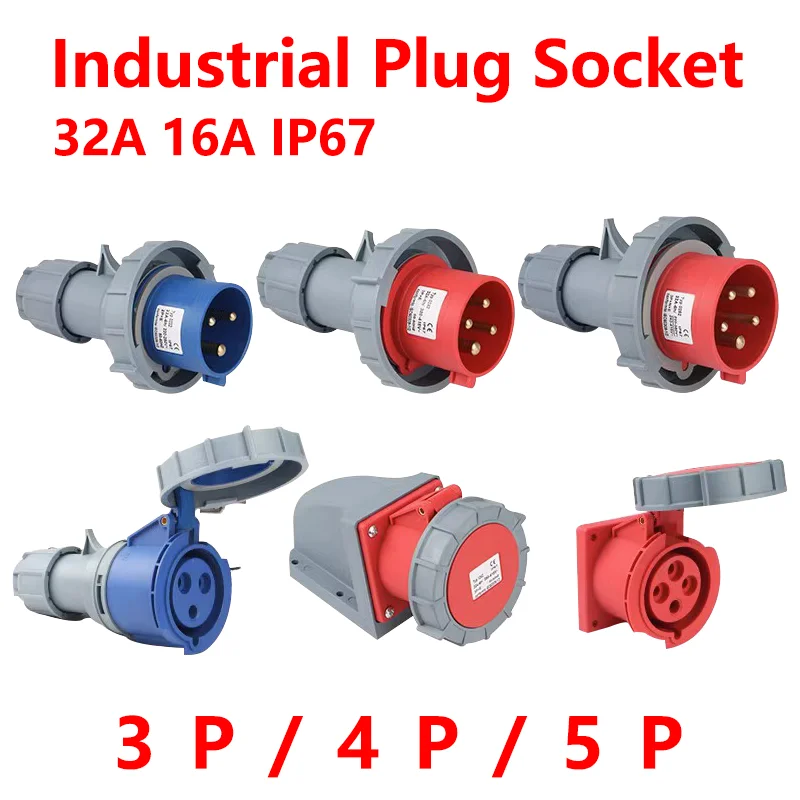 IP67 Industrial Plug and Socket Waterproof Connector 3PIN 4PIN 5PIN 16A/32A Waterproof Electrical Connection Wall Mount Socket