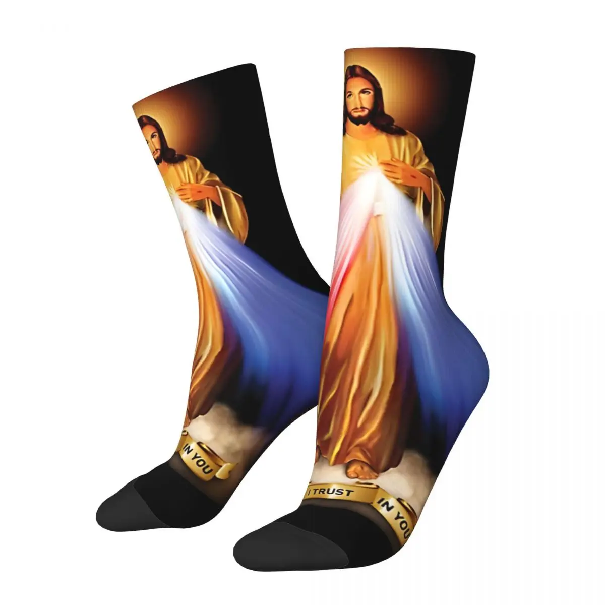 Happy I Trust In You, Saint Faustina, Divine Mercy Men's Socks Retro Harajuku Jesus Street Style Novelty Casual Crew Crazy Sock