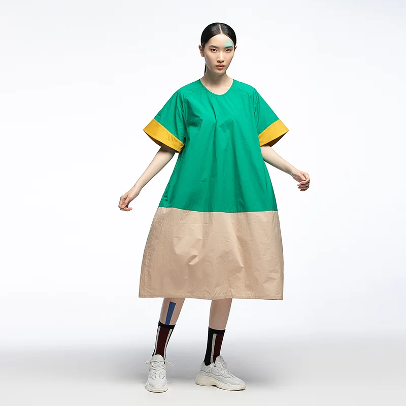 

Оригинальный дизайн, летнее свободное платье миди с коротким рукавом, в стиле колор-блок, художественное, с круглым вырезом, женское, из смесового хлопка и полиэстера.