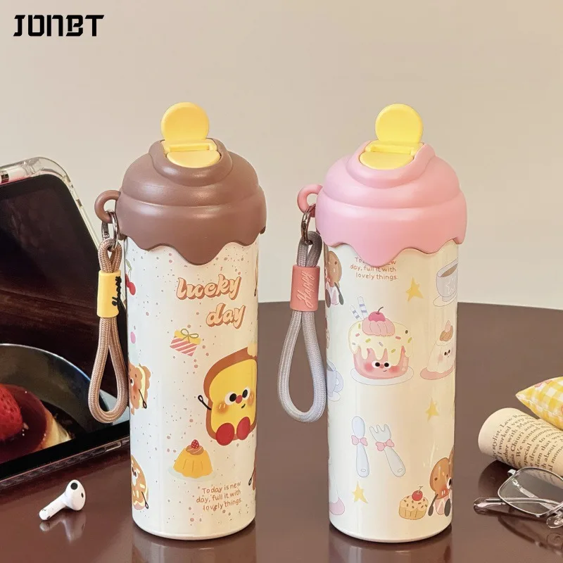 

New Cartoon 316 Stainless Steel Ice Cream Thermal Cup With Straw Drinking Water Bottle Portable Thermal Insulation Water Bottles