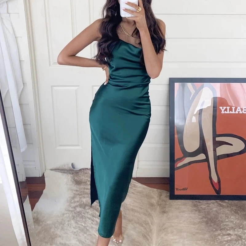 Summer Elegant Satin Long Dresses for Women 2024 Fashion Green Party Sexy Evening Dress Backless Vestido 21796