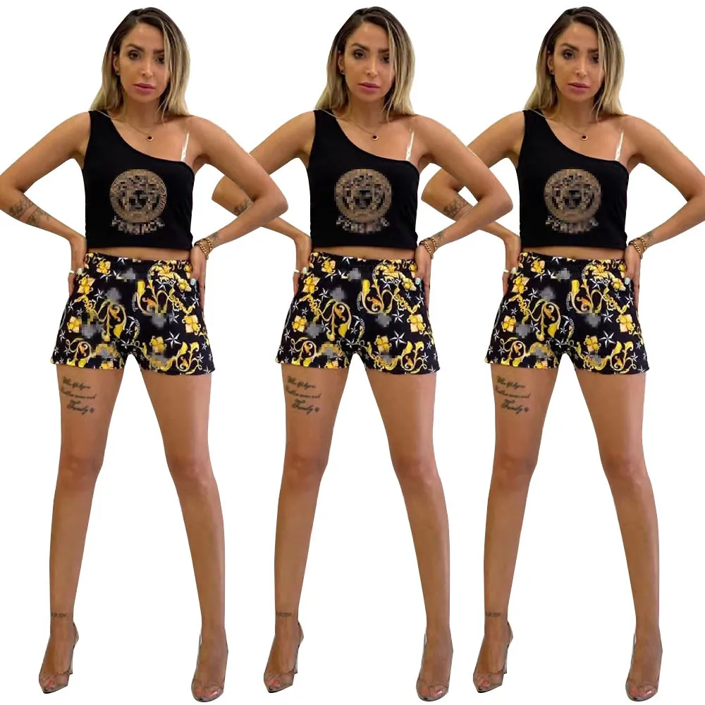 Women spring new single-shoulder T-shirt fashion casual explosion printed sleeveless slim sports shorts youth 2-piece exquisite