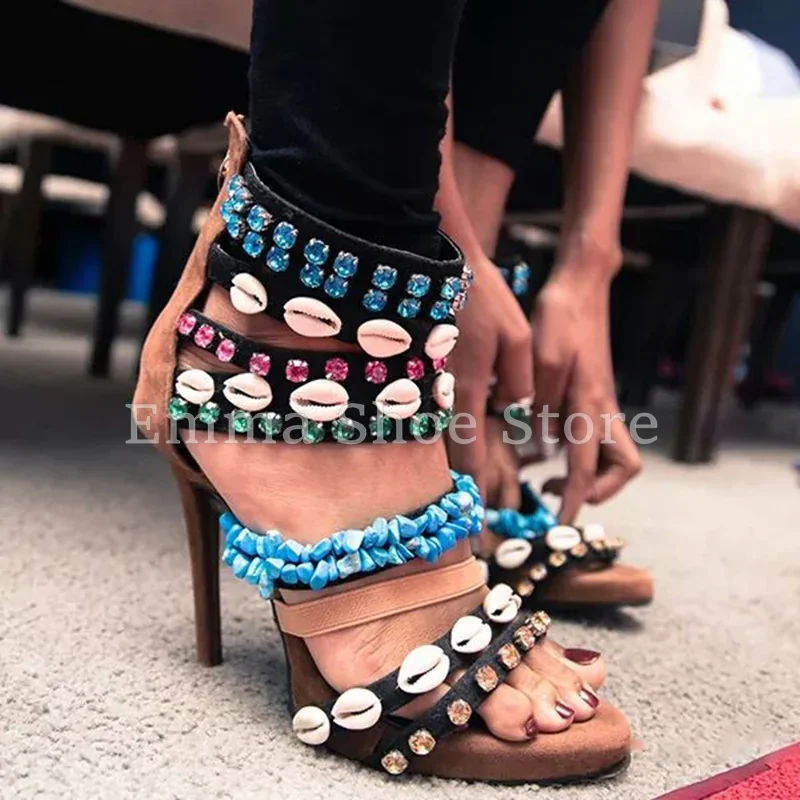 

Ethnic Style Suede High Heel Sandals Cowrie Shells Colorful Rhinestones Women's Shoes Back Zipper Multi -Strap Party Shoes