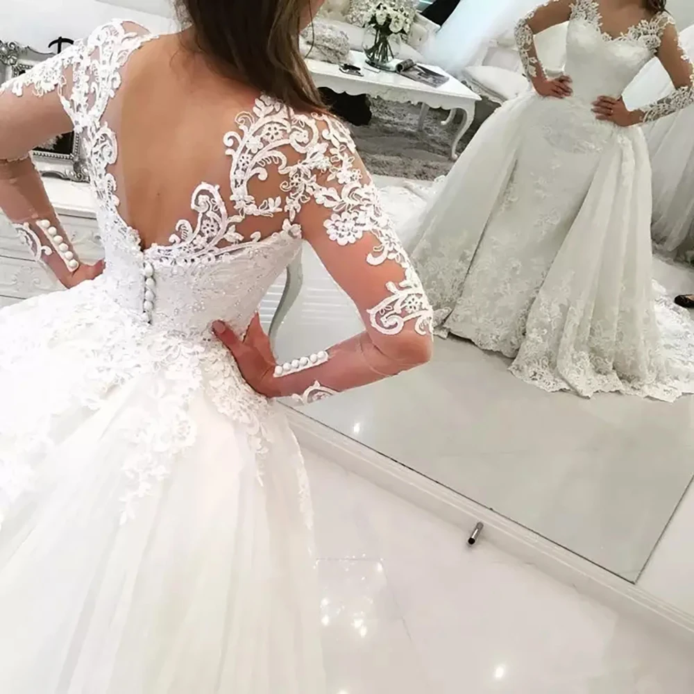 Novo 2 em 1 árabe incrível trem destacável sereia vestido de casamento manga longa rendas vestidos de casamento nupcial