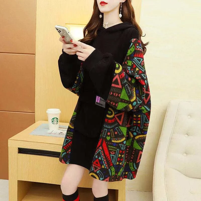 Spring Autumn Women\'s Sweatshirt Korean Loose Medium And Long Patchwork Print Hoodies Thin Long Sleeves Tops Female