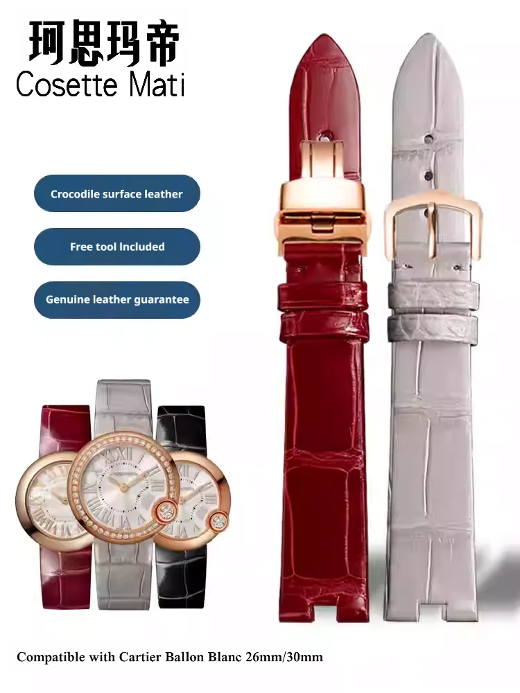 For Cartier white balloon 13/16mm watchband genuine crocodile leather watch strap for BALLON BLANC thin concave bracelet strap