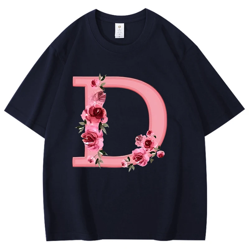 Flower Decoration Capital Letter D Printing Cotton Men Women T Shirt Unisex Casual Tops Harajuku Short Sleeve Comfortable Tops
