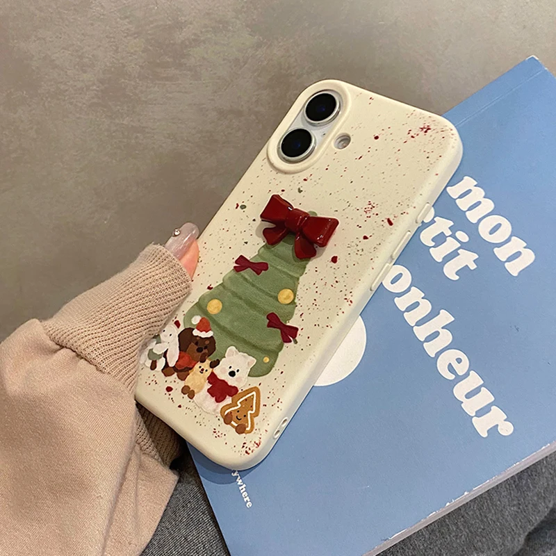 Ins Red Bowknot Christmas Tree Cute Animal Case For iPhone 12 13 14 15 16 Pro Max Plus Soft Silicone Phone Cover