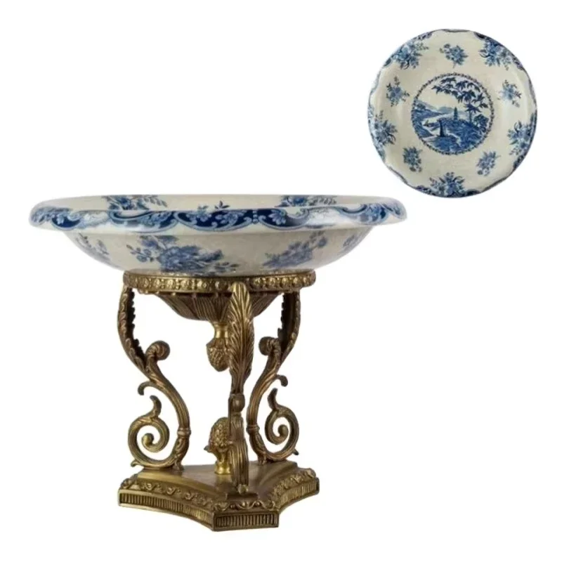 

Европейский роскошный синий и белый фарфор ручной работы с латунными аксессуарами для украшения дома, квадратная основа, таза для птиц, фруктов, миска для посуды