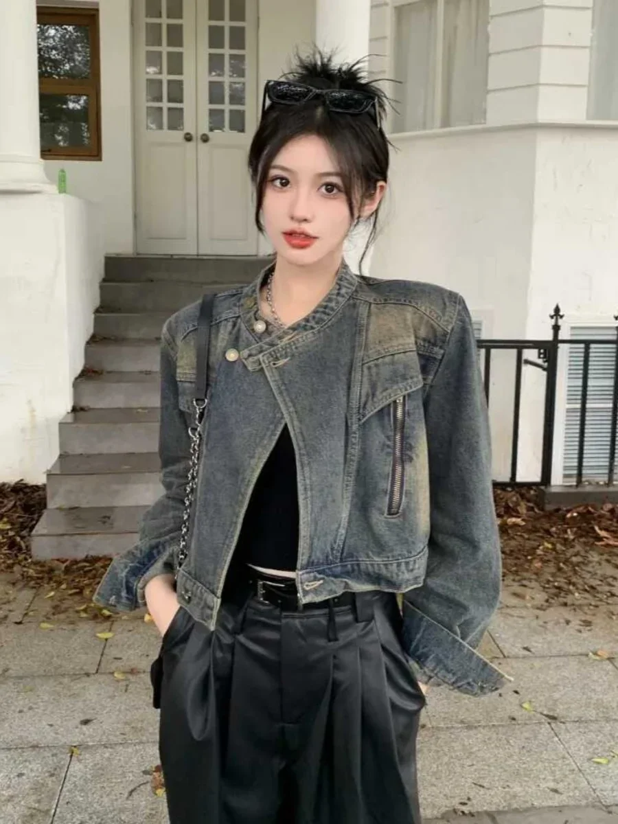 

Women's Motorcycle Jaet Loose Fit Zipper Denim ort Coat Spring Autumn New Sle Slimming Small Size High-End Feeling