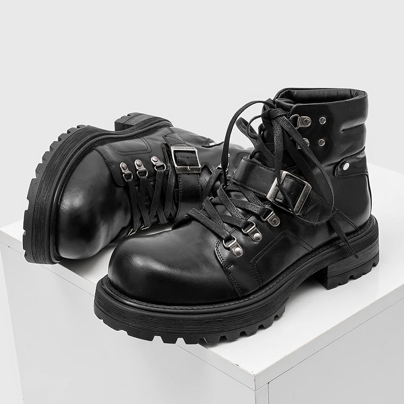 Men's Round Toe Motorcycle Boots Lace-Up Buckle Strap British Workwear Casual New