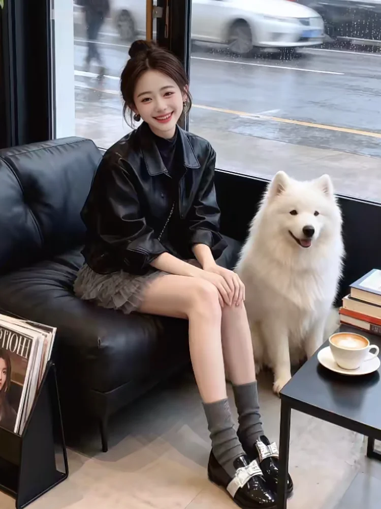 Sli Bla ort Motorcycle Jaet Cool Sle Faion da donna Primavera 2026 Nuovo arrivo Stand Fit Cappotto in pelle Top