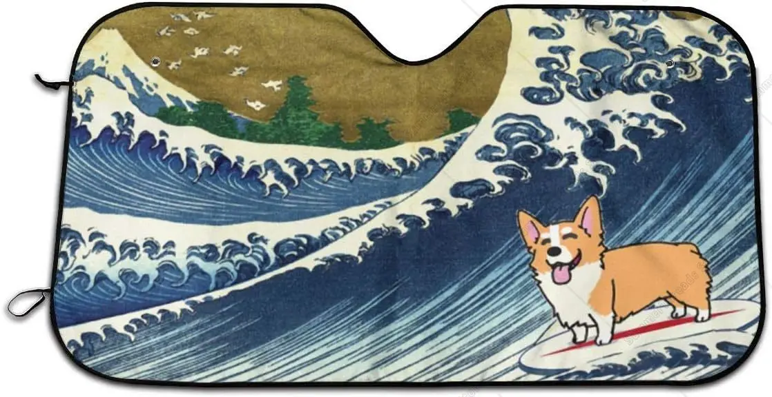 

Корги Собака Серфинг Большая волна Авто Лобовое стекло Sunsha Автомобильные солнцезащитные козырьки Блоки УФ-лучей Козырек Переднее окно автомобиля Sunsha Foldab