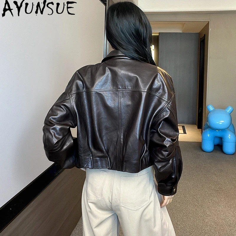 Ayunsue 100% genuíno pele de carneiro jaqueta feminina moda cera óleo jaqueta de couro mulher roupas 2025 outono alta qualidade abrigo mujer