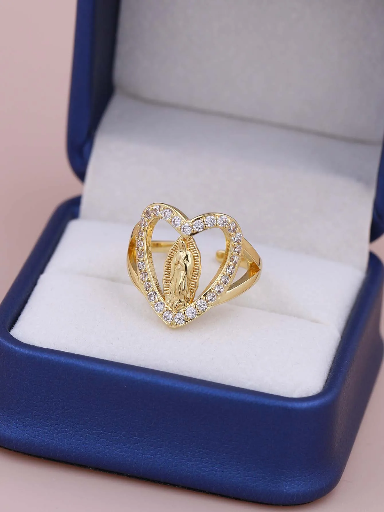 Classic Versatile Geometric Shape White Zircon Plated Gold Copper Virgin Mary Ring Women Daily Wearing Jewelry