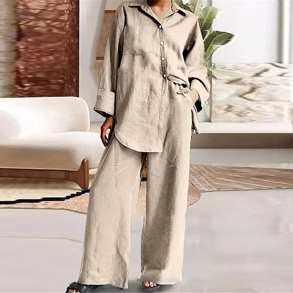 Women Cotton Linen Chic 2 Piece Set Casual Lapel Single Breasted And Wide Leg Pants Sets 2023 Summer Loose Female Vacation Suits