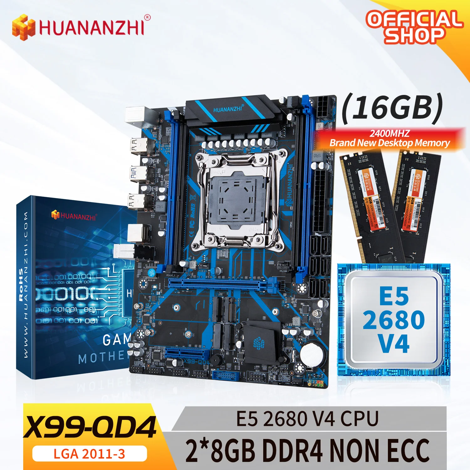 

HUANANZHI X99 QD4 LGA 2011-3 XEON X99 Motherboard with Intel E5 2680 v4 with 2*8G DDR4 NON ECC Combo Kit Set M.2 NVME SATA RU