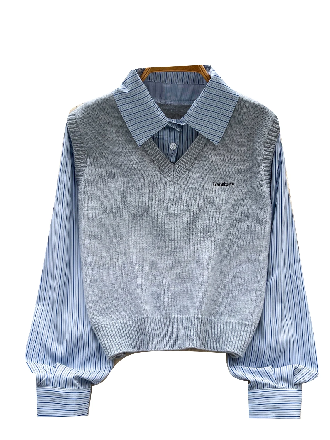 College Sle Stripe Long Sve irt Faionable Veelzijdige gebreide top voor dames Leeftijdsreductie Tweedelige look Polyestervezel