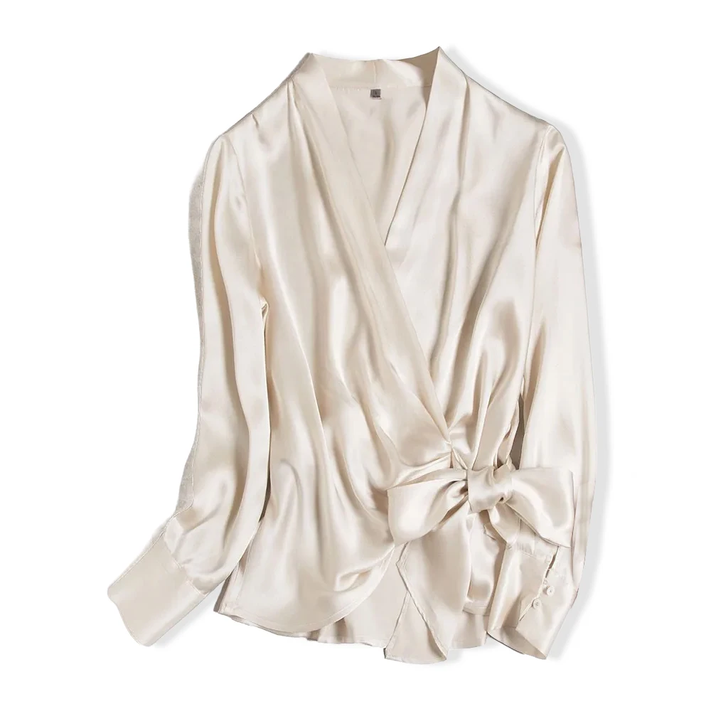 Fashion Women's Clothing Heavy Silk Satin Bow Decorative Diagonal Shirt Minority Mulberry Silk Ol Fan Office Senior Shirt