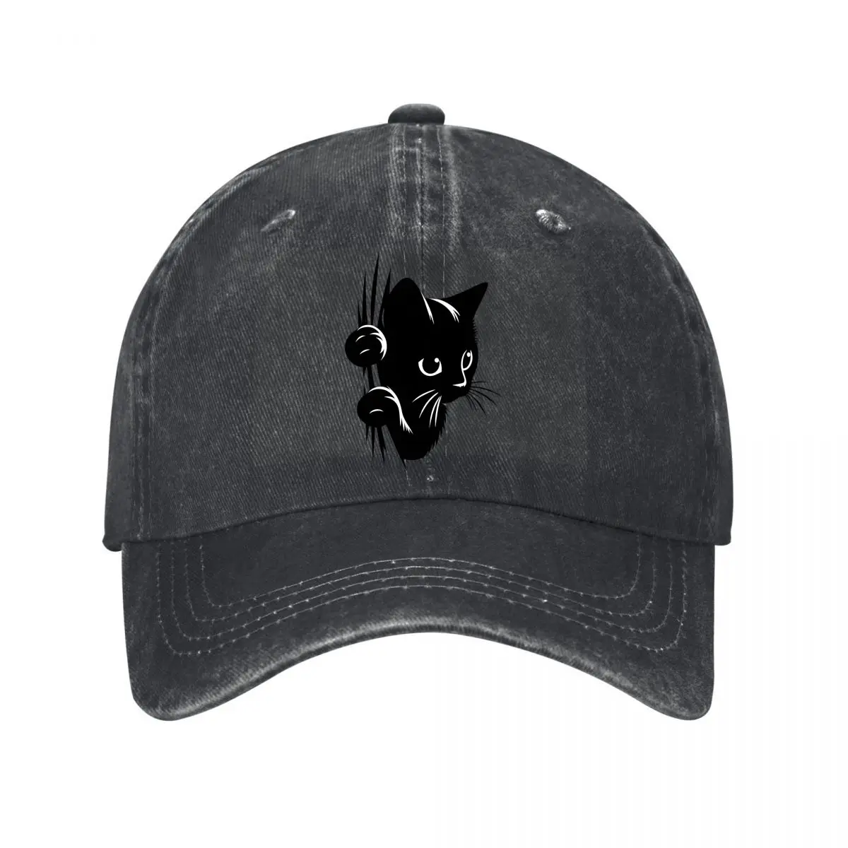 Kawaii Black Cat Peeking Cute Animal Design Washed Baseball Cap Outdoor Hat