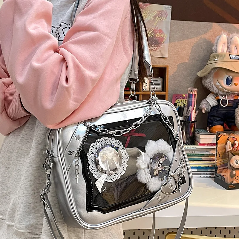Japanese Harajuku Itabag Women With Metal Chain Clear Transparent PVC Crossbody Bags DIY PU Leather Shoulder Bag Tote Handbags view 3