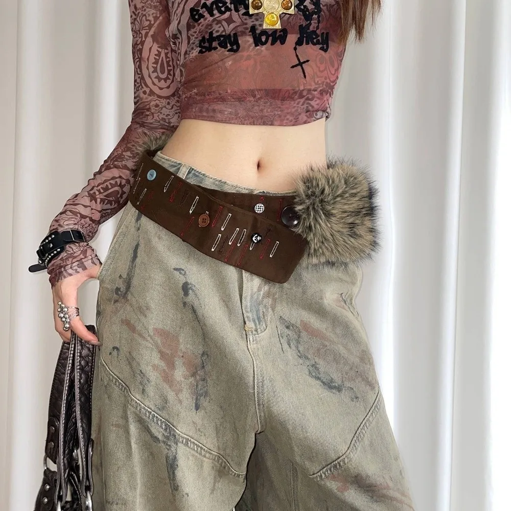 Hip Hop Retro Leather Belt Y2K Hand-Sewn Waist Cincher Hook Closure Fur Belt Women Fashion Waistband Decor