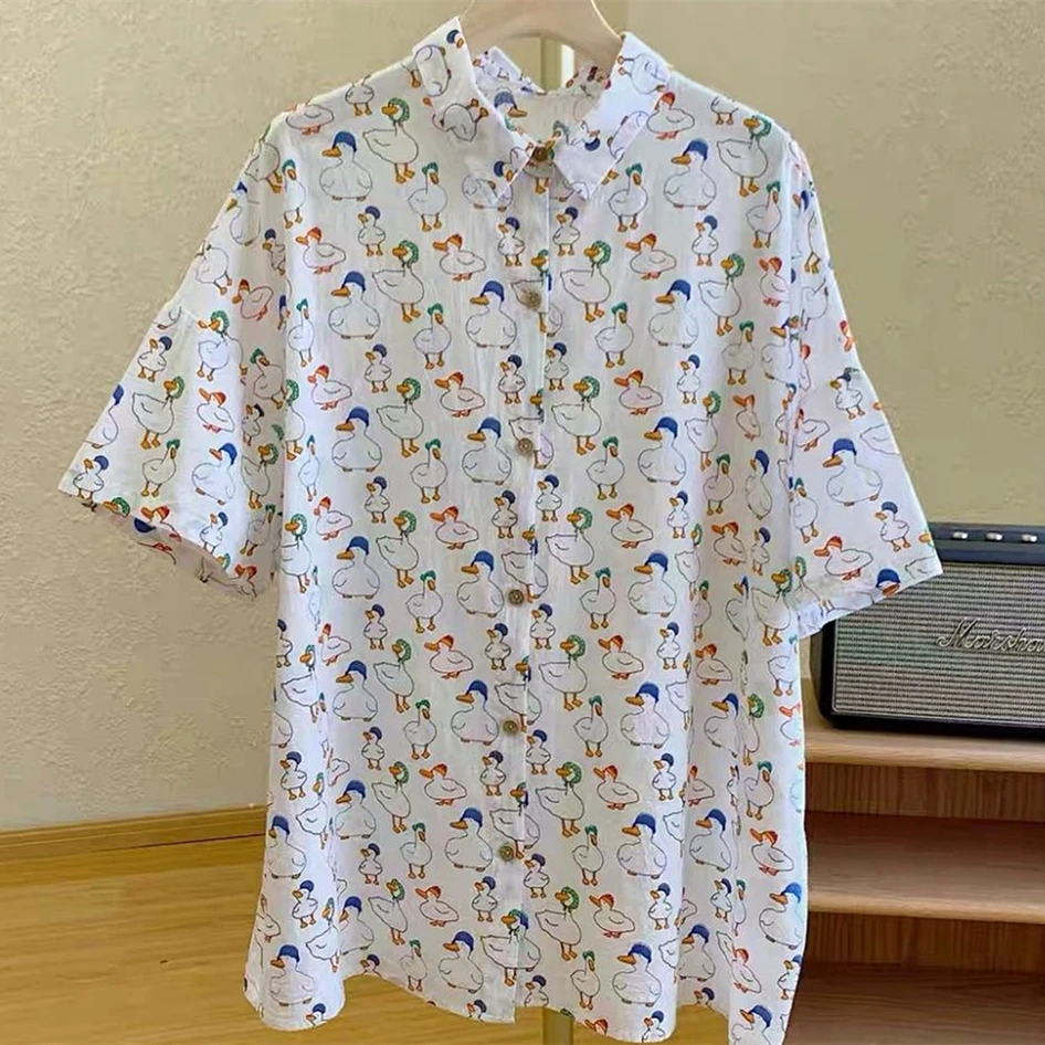 Hip Hop Cartoon Duck with Hat Full Print Shirts Cute Anime Kawaii Beach Shirt Summer Short Sleeve Oversized Blouse Casual Loose