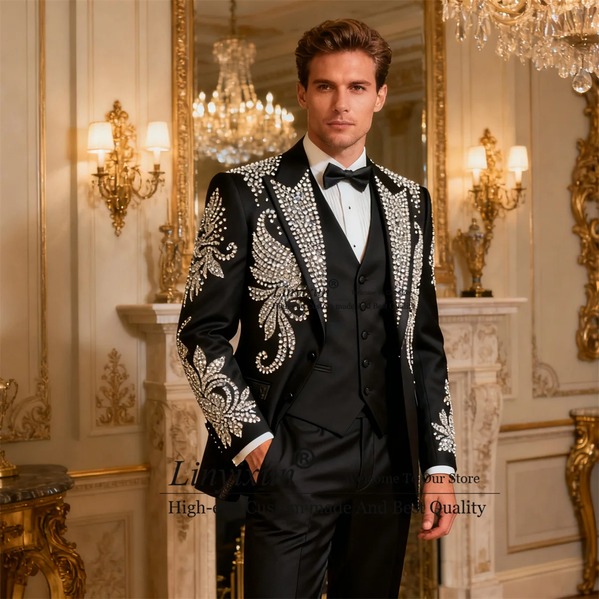 

Sparkly Diamond Rhinestones Men Suits Customized Wedding Party Ropa Blazer 3 Pieces Sets Groom Tuxedos High End Costume Homme